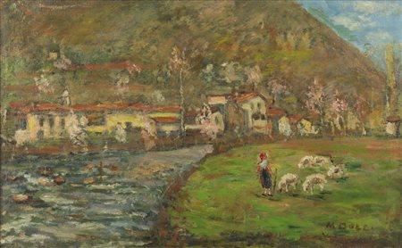 DOLCI  MARTINO (1912 - 1994) - Paesaggio montano con contadina e pecore. .