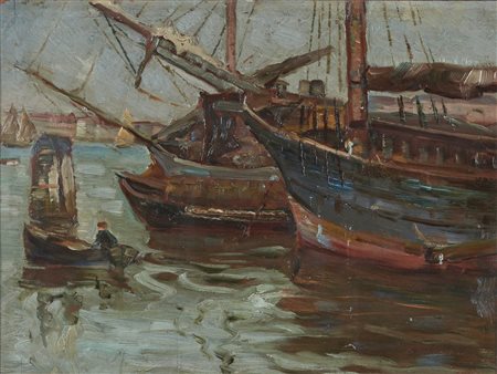 NOVATI MARCO (1895 - 1975) - Marina con barche e personaggi. .