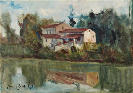 CHERUBINI CARLO (1897 - 1978) - Paesaggio fluviale con casa. .