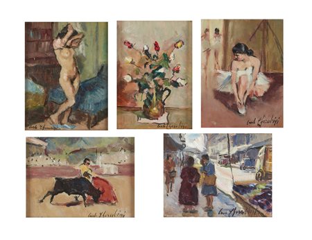 CHERUBINI CARLO (1897 - 1978) - Gruppo di cinque dipinti raffiguranti nudo di donna; natura morta di fiori; ballerina; torero; paesaggio con figure. .