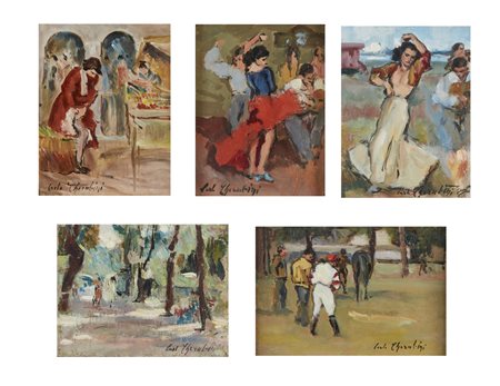 CHERUBINI CARLO (1897 - 1978) - Gruppo di cinque dipinti raffiguranti cavallerizzo; viale alberato; ballerina; donna di strada; ballerina sulla spiaggia.