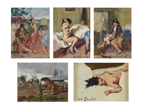 CHERUBINI CARLO (1897 - 1978) - Gruppo di cinque dipinti raffiguranti nudo di donna; ballerina con suonatore di chitarra; paesaggio con baracca in legno; nudo di donna; ritratto di donna. .