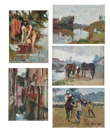 CHERUBINI CARLO (1897 - 1978) - Gruppo di cinque dipinti raffiguranti nudo di donna; paesaggio fluviale; canale veneziano; paesaggio con cavalli; cavallerizzo. .
