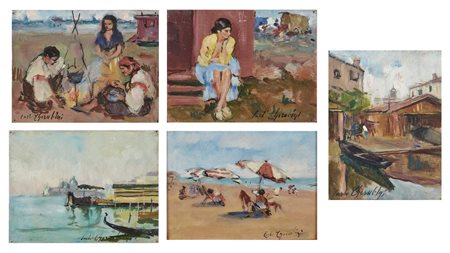 CHERUBINI CARLO (1897 - 1978) - Gruppo di cinque dipinti raffiguranti paesaggio con contadine; paesaggio con figura femminile; paesaggio marino; scorcio veneziano; veduta dell'isola di San Giorgio.
