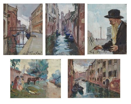 CHERUBINI CARLO (1897 - 1978) - Gruppo di cinque dipinti raffiguranti canale veneziano; ritratto di pittore; canale veneziano; paesaggio con figure e cavallo; canale veneziano. .