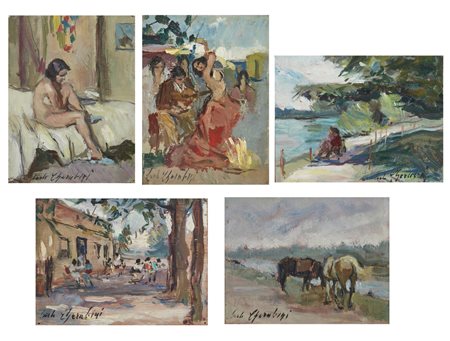 CHERUBINI CARLO (1897 - 1978) - Gruppo di cinque dipinti raffiguranti nudo di donna; ballerina; paesaggio con figure; paesaggio con cavalli; paesaggio con figure. .