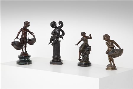  BRONZISTA DEL XIX SECOLO - Gruppo di quattro sculture in bronzo raffiguranti puttini e una fanciulla.