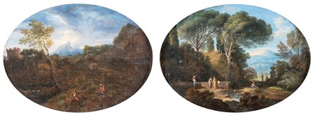 Jan Frans van Bloemen (cerchia) a) Paesaggio con figure b) Paesaggio fluviale...