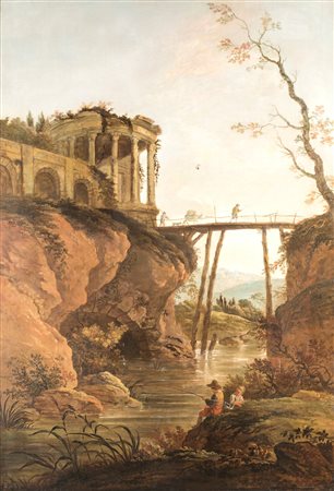 Pittore del XVIII secolo Scorcio di Tivoli con i resti del tempio di Vesta e...