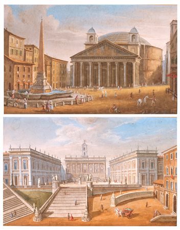 a) Veduta del Campidoglio b) Piazza della Rotonda e il Pantheon con i...