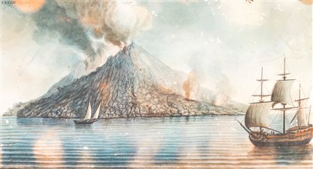 Pietro Fabris Veduta dell'isola di Stromboli incisione acquerellata cm 20x38...