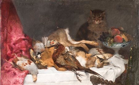 Paul Victor Mathey Natura morta con coppa di frutta, gatto e selvaggina olio...