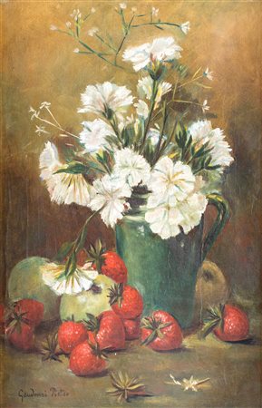 Pietro Gaudenzi Vaso di garofani bianchi e fragole olio su tela cm 36x24 (in...