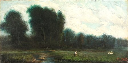 Gustave Pétrequin-Dard Paesaggio con gregge olio su tela cm 30x60 - con la...