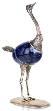 Figura di struzzo in argento e lapislazuli con corpo a forma di uovo e base...