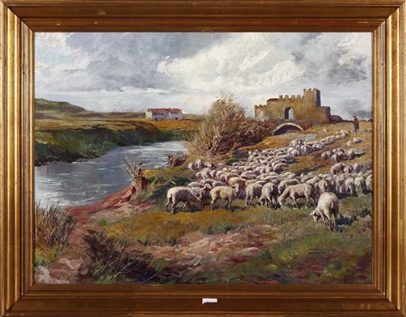 BARBERIS MARIO (1893 - 1960) - Senza titolo ( Veduta con gregge di pecore e fiume).