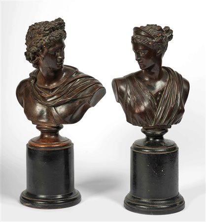 Apollo e Diana. Coppia di busti in terracotta patinata. Arte neoclassica del...