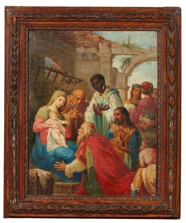 Adorazione dei Magi Scuola del XVIII secolo olio su tela, W. 30,5 - H. 42 cm