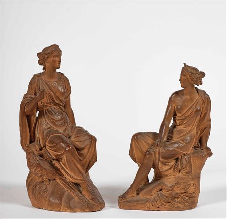 Diana e Giunone. Terracotta modellata. Arte neoclassica del XVIII-XIX secolo...