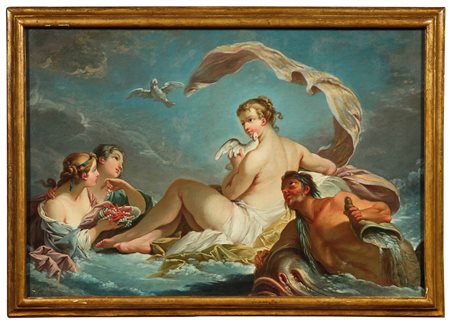 La nascita di Venere Scuola francese del XVIII secolo in cornice dorata, olio...