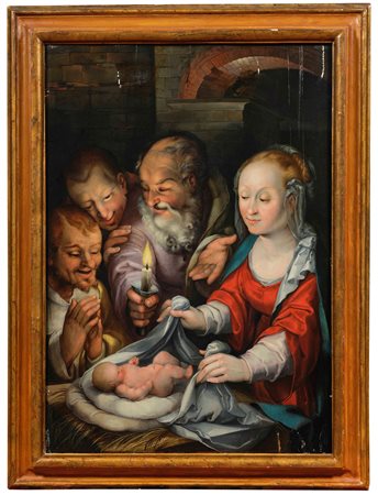 Hendrick Goltzius (1558 Venlo-1617 Haarlem), Adorazione dei pastori olio su...