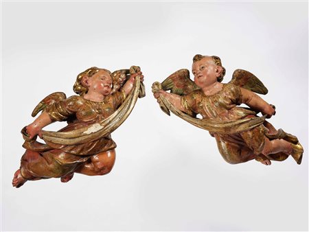 Coppia di putti in legno policromo e dorato. Arte barocca, Austria o Germania...