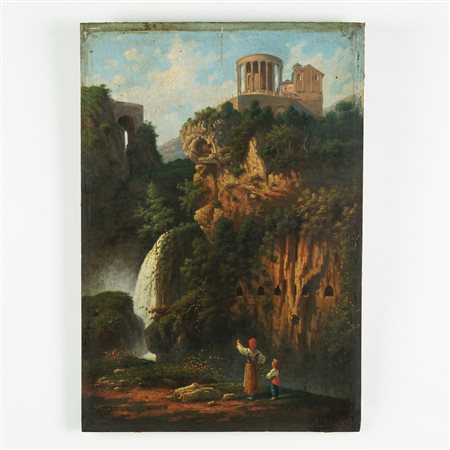 Achille De Dominicis Le cascate di Tivoli con il tempio di Vesta, 1873 olio...