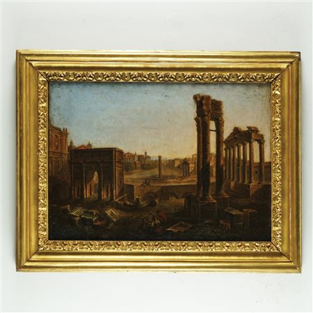 Pittore del XIX secolo Veduta del Foro Romano con figure olio su tela, cm. 39x54