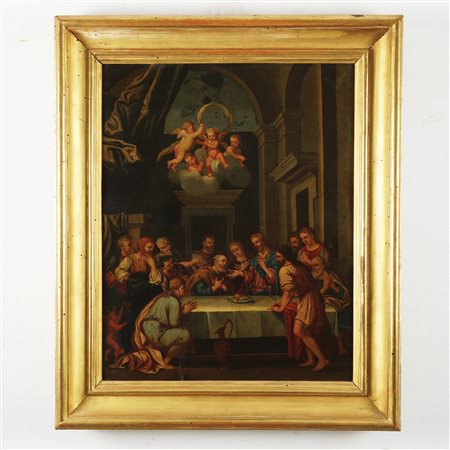 Pittore romano del XVIII secolo L’ultima Cena olio su rame, cm. 51x40