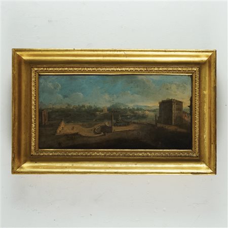 Pittore del XVIII secolo Veduta del Porto di Ripetta olio su rame, cm. 18x38