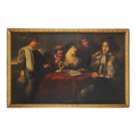 Valentin de Boulogne (ambito) Concerto attorno a un tavolo olio su tela, cm....