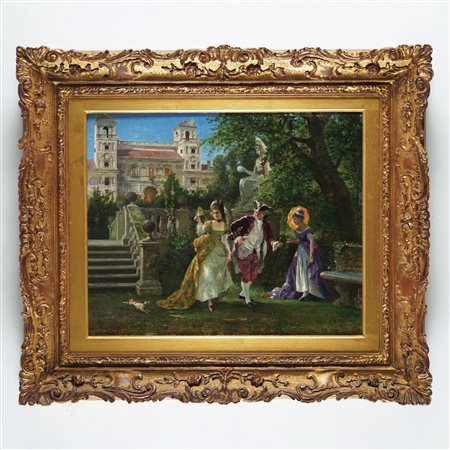 Leon Chevallier Passeggiata a Villa Medici, 1874 olio su tavola, cm. 37x46...