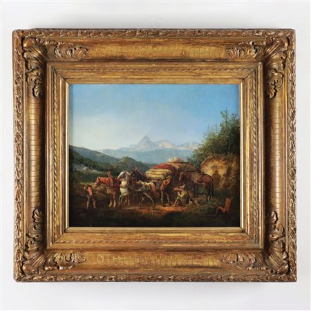 Pittore del XIX secolo La sosta olio su tela, cm. 31,5x39