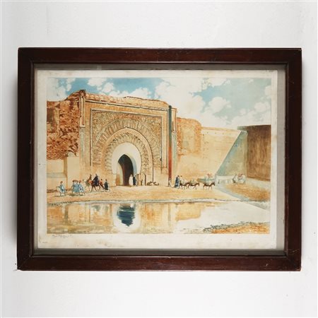 Acquatinta a colori raffigurante uno scorcio di Marrakech, 1891, il foglio...