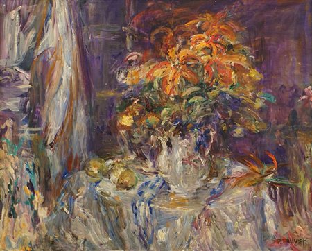 FRANCOISE FAUVET Francia 1947 Natura morta di vaso con fiori, olio su tela,...