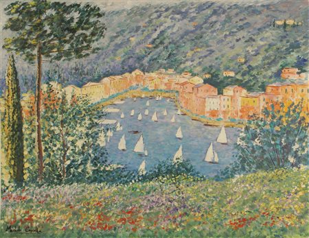 MICHELE CASCELLA Ortona 1892 - Milano 1989 Veduta di Portofino, olio su tela,...