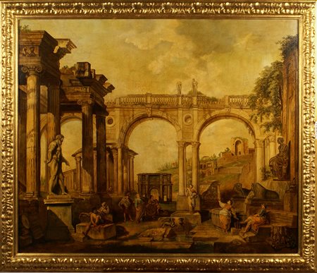 GIOVANNI PAOLO PANINI, COPIA DA XX Sec. Capriccio architettonico con figure...