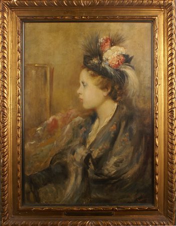 TEMISTOCLE LAMESI Roma 1870-1957 Il cappello della Mamma, olio su tela,...