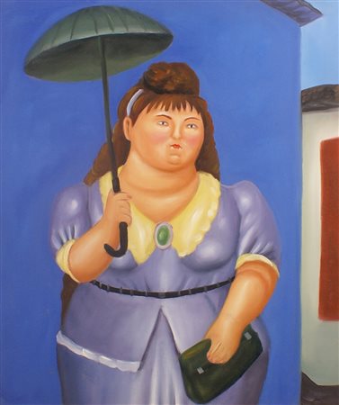 FERNANDO BOTERO, COPIA DA Donna con ombrellino, olio su tela, entro cornice...