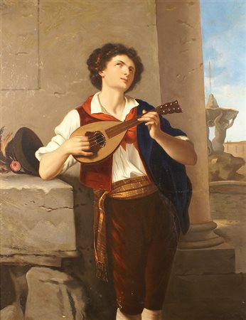 SCUOLA ITALIANA XIX Sec. Ritratto di giovane con mandolino, olio su tela,...