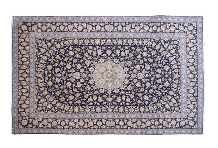 TAPPETO KASHAN lana su trama in cotone, disegno floreale su fondo blu 491x318...