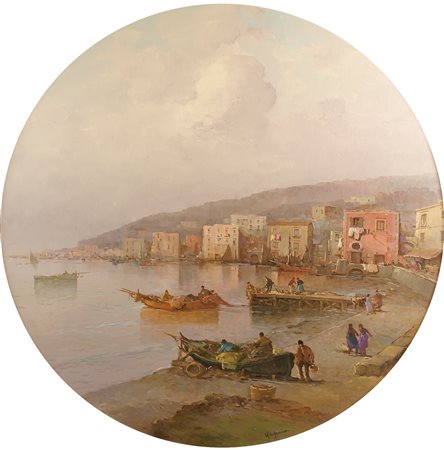 GIUSEPPE MADONNA Napoli 1934 Marina con pescatori olio su compensato, firmato...