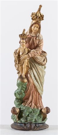 "MADONNA CON BAMBINO". Scultura in gesso policromo. Nord Italia, fine XIX -...