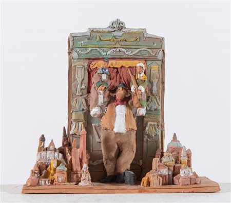 BRUNO RIGHINI (XX secolo) "Teatro di marionette". Scultura in terracotta...