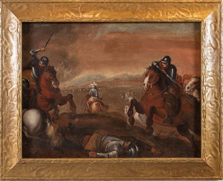 Maestro del XVII secolo "Battaglia". Olio su tela. Cm 66x87.