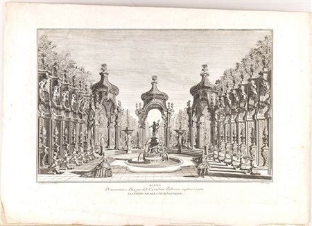 Orio Ambrogio (1737- 1825) da Giuseppe Galli da Bibiena (1696 – 1757)
: SCENA D'INVENZIONE E DISEGNO DEL CAVALIER BIBIENA RAPPRESENTANTE GIARDINO REALE CON RINGHIERE 