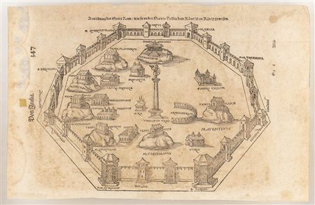Sebastian Münster (1488-1552): RAPPRESENTAZIONE DI ROMA CON LE SUE PORTE DA 'COSMOGRAFIA UNIVERSALIS'