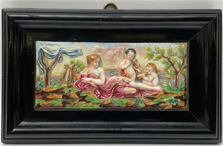 Manifattura di Capodimonte fine secolo XIX, "Venere e amorini" formella in porc