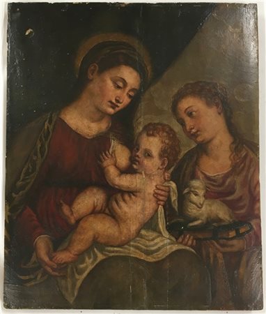 Scuola veneta del secolo XVII "Madonna che allatta il Bambino con Santa Agnese"