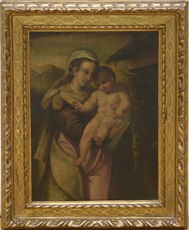 Scuola del secolo XVIII "Madonna con Bambino" olio su tela (cm 34x25,5). In cor